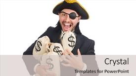  Presentation with pirate - PPT layouts featuring pirate businessman holding money bags isolated on white background and a lemonade colored foreground