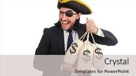  Presentation with pirate - PPT theme featuring pirate businessman holding money bags isolated on white background and a light gray colored foreground