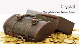  Presentation with pirate treasure - PPT theme featuring pirate treasure - wooden casket full of coins background and a white colored foreground