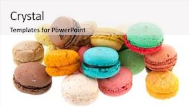  Presentation with colorful - Presentation design with pistache - colorful stacked french macaroons isolated background and a white colored foreground