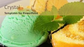  Presentation with ice cream cake - Slide set enhanced with pistachio ice cream with sponge cake roulade and chocolate sauce background and a yellow colored foreground