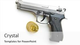  Presentation with bitcoins - Amazing slide deck having pistol - golden bitcoins cryptocurrency and handgun backdrop and a white colored foreground