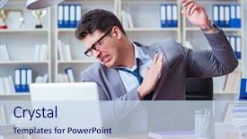  Presentation with bad world - Colorful presentation design enhanced with pit stop - businessman sweating excessively smelling bad backdrop and a sky blue colored foreground