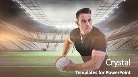  Presentation with golf player playing - Audience pleasing slide deck consisting of pitch toss - rugby player throwing the ball backdrop and a violet colored foreground