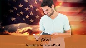  Presentation with america flag - Cool new presentation theme with pitchbook - student reading book against composite backdrop and a  colored foreground