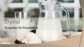  Presentation with milk - Presentation theme with pitcher and glass of milk with meringues on crewnecks knitwear on wooden table on window background background and a soft green colored foreground