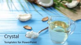  Presentation with coconut shell - Audience pleasing PPT layouts consisting of pitcher with coconut oil backdrop and a light blue colored foreground