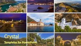  Presentation with travel - Slide set featuring piva - collage of montenegro travel images background and a tawny brown colored foreground