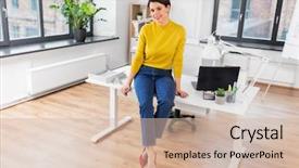  Presentation with business office desk - Presentation design enhanced with pixies - business and people concept background and a  colored foreground