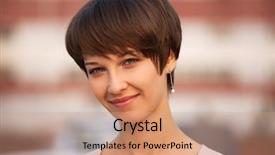  Presentation with young woman - Slide deck with pixies - happy young fashion woman walking background and a coral colored foreground