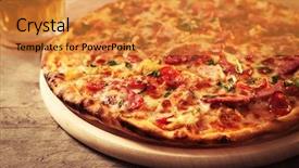  Presentation with close up of beef tartar - Beautiful presentation theme featuring pizza and glass of beer backdrop and a gold colored foreground