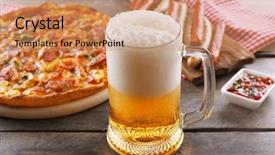  Presentation with close up of beef tartar - Amazing theme having pizza and glass of beer backdrop and a  colored foreground