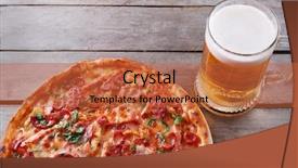  Presentation with close up of beef tartar - Beautiful presentation featuring pizza and glass of beer backdrop and a red colored foreground