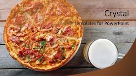  Presentation with close up of beef tartar - Theme consisting of pizza and glass of beer background and a  colored foreground