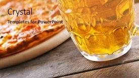  Presentation with close up of beef tartar - PPT theme with pizza and glass of beer background and a gold colored foreground