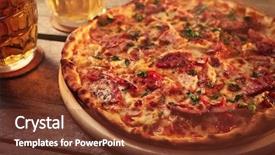  Presentation with close up of beef tartar - Slides with pizza and glasses of beer background and a  colored foreground