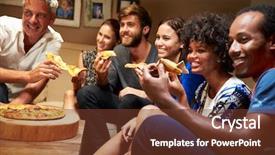  Presentation with television watching - Presentation design with social housing - friends eating pizza background and a tawny brown colored foreground