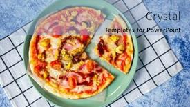  Presentation with bacon - Amazing presentation design having pizza-baked-with-bacon-chicken backdrop and a light blue colored foreground