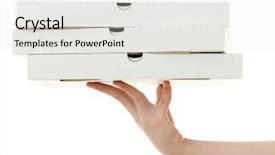  Presentation with pizza - Slide deck featuring pizza box with hand isolated background and a light gray colored foreground