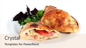  Presentation with pizza - Presentation design enhanced with pizza calzone on table isolated on white background and a lemonade colored foreground