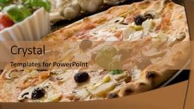  Presentation with pizza - Theme featuring pizza capricciosa on dish over wood background background and a coral colored foreground
