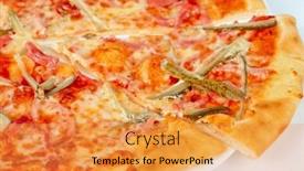  Presentation with mozzarella cheese - Audience pleasing PPT theme consisting of pizza-closeup-with-boiled-sausage backdrop and a gold colored foreground