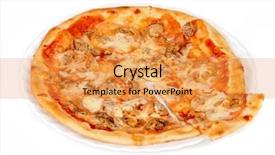  Presentation with mozzarella cheese - PPT theme consisting of pizza closeup with chicken fillet tomato and mozzarella cheese background and a gold colored foreground