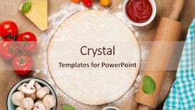  Presentation with pizza pasta - PPT theme enhanced with pizza cooking ingredients dough vegetables background and a lemonade colored foreground