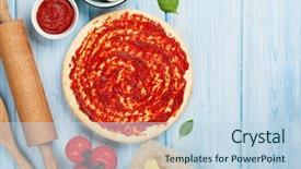  Presentation with pizza pasta - PPT theme consisting of pizza cooking ingredients dough vegetables background and a sky blue colored foreground