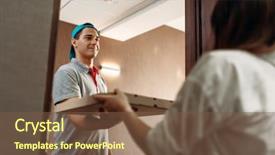  Presentation with delivery boy - Amazing slide deck having pizza delivery boy gives box backdrop and a  colored foreground