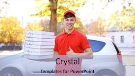  Presentation with delivery boy - Beautiful presentation design featuring pizza delivery boy holding boxes backdrop and a light blue colored foreground