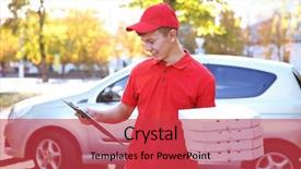  Presentation with delivery boy - Colorful slide set enhanced with pizza delivery boy holding boxes backdrop and a red colored foreground