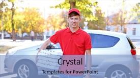  Presentation with delivery boy - Beautiful PPT layouts featuring pizza delivery boy holding boxes backdrop and a light blue colored foreground