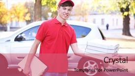  Presentation with delivery boy - Audience pleasing PPT theme consisting of pizza delivery boy holding boxes backdrop and a coral colored foreground