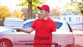  Presentation with delivery boy - Cool new slide set with pizza delivery boy holding boxes backdrop and a red colored foreground