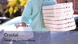  Presentation with delivery boy - PPT layouts with pizza delivery boy holding boxes background and a seafoam green colored foreground