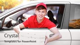  Presentation with delivery boy - Presentation design enhanced with pizza delivery boy in car background and a  colored foreground