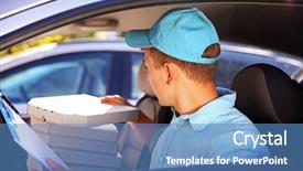  Presentation with delivery boy - Beautiful slide deck featuring pizza delivery boy in car backdrop and a teal colored foreground