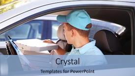  Presentation with delivery boy - Beautiful presentation design featuring pizza delivery boy in car backdrop and a  colored foreground