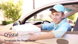  Presentation with delivery boy - PPT theme featuring pizza delivery boy with pizza background and a lemonade colored foreground