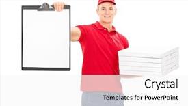  Presentation with pizza delivery - Slides enhanced with pizza delivery guy holding a clipboard isolated on white background background and a white colored foreground