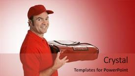  Presentation with food delivery - Amazing PPT theme having pizza delivery man bringing your backdrop and a red colored foreground