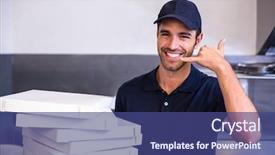 Presentation with pizza delivery - Colorful PPT layouts enhanced with pizza delivery man carrying boxes backdrop and a  colored foreground