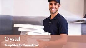  Presentation with pizza delivery - Slide deck consisting of pizza delivery man carrying boxes background and a coral colored foreground