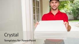  Presentation with pizza - Beautiful presentation featuring pizza delivery man delivering pizzas backdrop and a light gray colored foreground