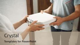  Presentation with pizza delivery - Beautiful slides featuring pizza delivery man gives box backdrop and a mint green colored foreground