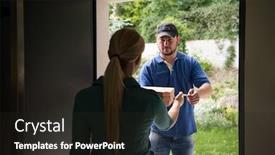  Presentation with pizza delivery - Cool new presentation theme with pizza delivery man giving pizza boxes to smiling young woman backdrop and a wine colored foreground
