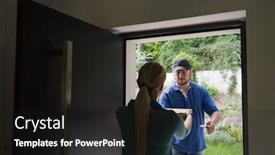  Presentation with pizza delivery - PPT theme consisting of pizza delivery man giving pizza boxes to smiling young woman background and a dark gray colored foreground