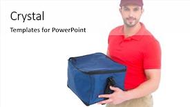  Presentation with food delivery - Slide set with pizza delivery man holding bag background and a white colored foreground