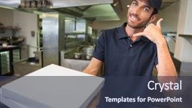  Presentation with man holding phone - Amazing slide set having pizza delivery man holding pizza backdrop and a tawny brown colored foreground